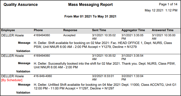 RPH - Mass Messaging - Report