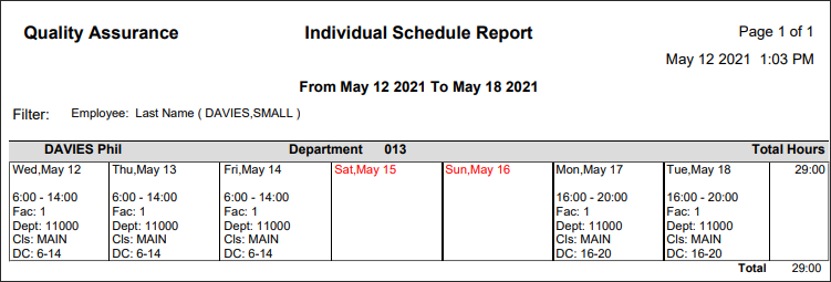 RPH - Indivdual Schedule - Report