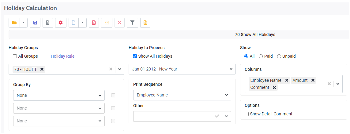 HCH - Holiday Calculation main screen