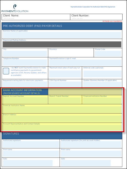 SSC PR - PE bank info PAD