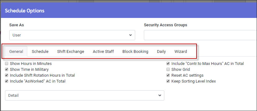 ASH - Active Schedule Options menu