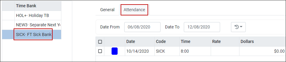 ESSH - Time Bank Attendance tab