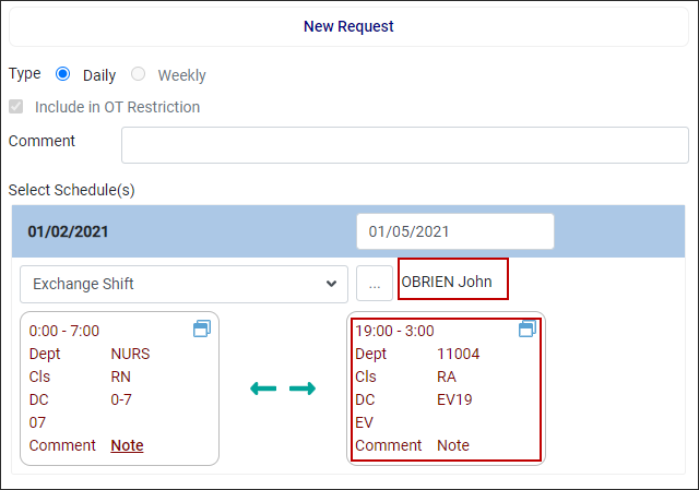 SEH - Selected ee and shift in new request panel