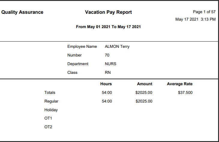 PRH - Vacation Pay - Report