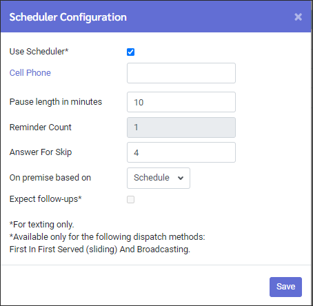 MMH - Scheduler configuration window