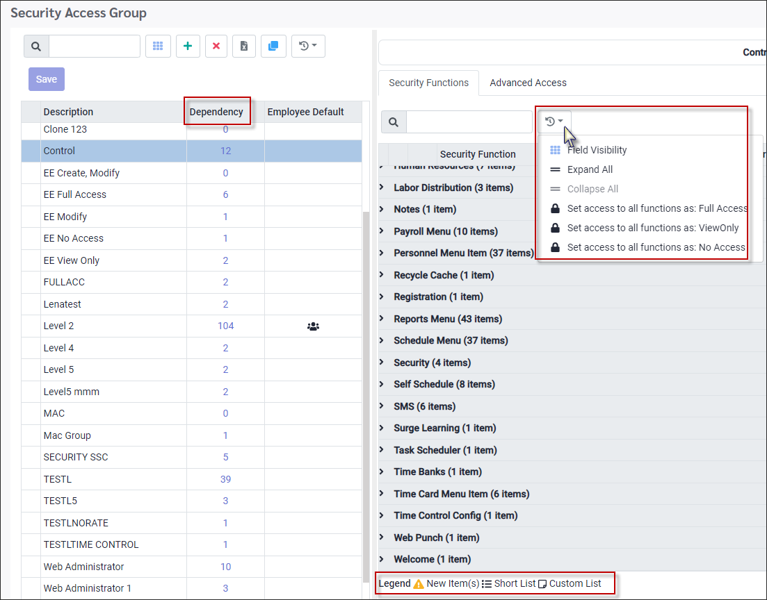 SAH - Detail actions list