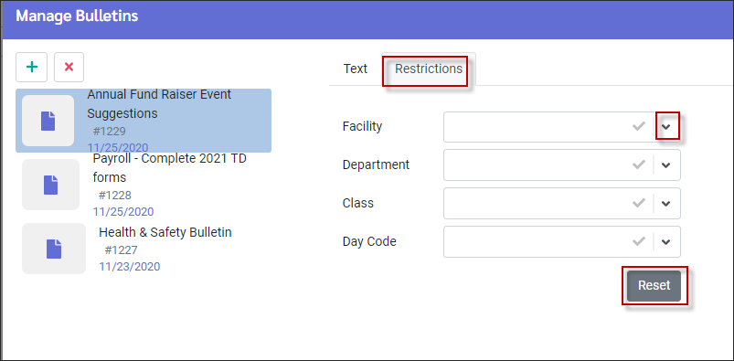 WCH - Manage Bulletins Restrictions window
