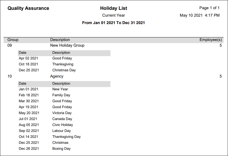 RPH - Holiday List - Report